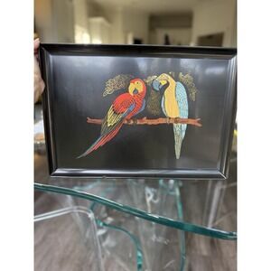 Vintage Couroc Of Monterrey MCM Black Inlaid Two Parrots Tray 18" x 12"